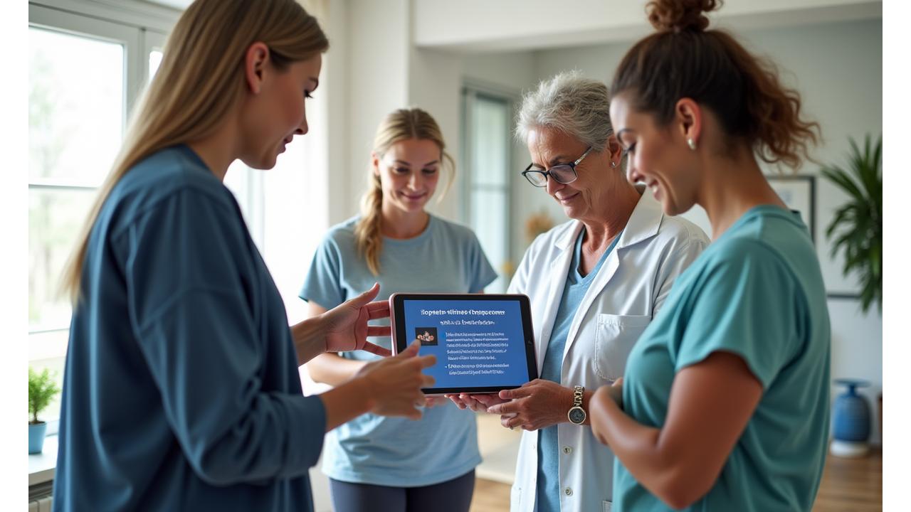 A diverse group of adults performing a fitness assessment via a tablet