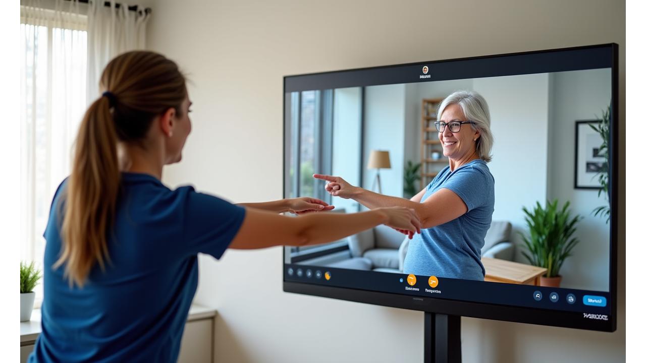 Female personal trainer guiding a client through a virtual workout via video call