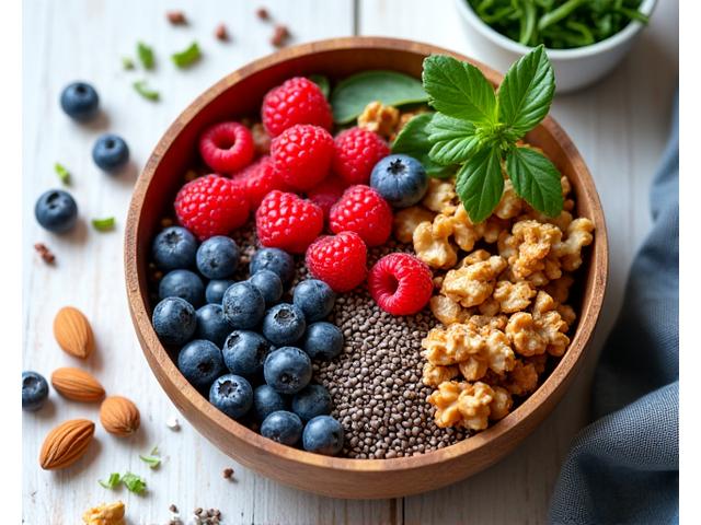 Ποικιλία από πολύχρωμα superfoods σε ένα μπολ, όπως μούρα, σπόροι chia και ξηροί καρποί.