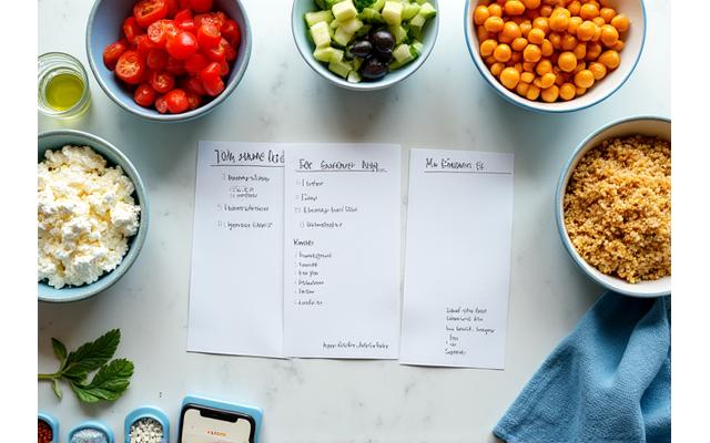 Tabletop view of a well-organized meal prep with greek ingredients like feta, olives, tomatoes, and whole grains, surrounded by recipe cards.
