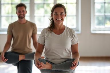Άτομα να κάνουν yoga μαζί, σε ένα φόρουμ συζήτησης fitness.